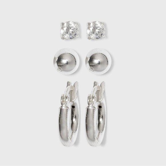 NEW A New Day™ Sterling Cubic Zirconia Silver Ball/ Studs/Hoop Trio Earring Set - Picture 1 of 6